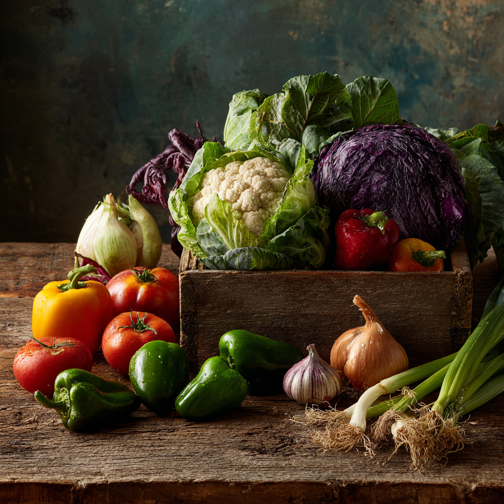 Свіжі овочі та фрукти на яскравому фоні